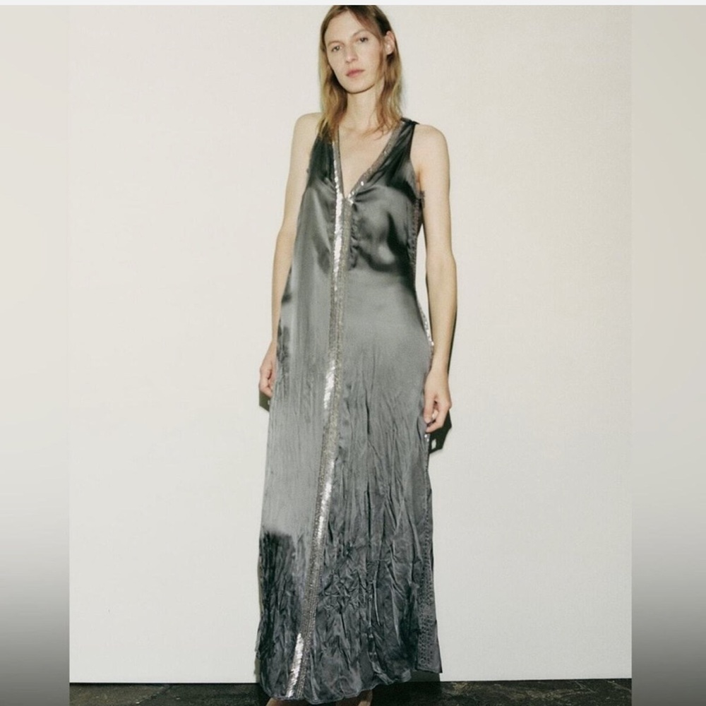 Zara Silver Satin/Beaded Maxi